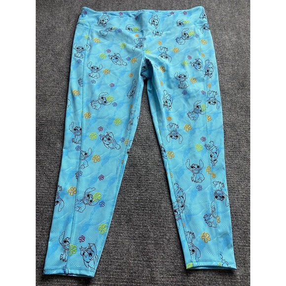 Disney Parks Stitch Leggings Blue 1X Side Pocket Stretch Floral‎ Workout Pants - Picture 1 of 8